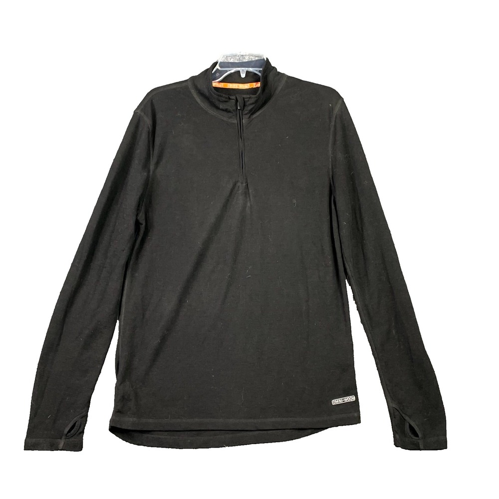 Omni Wool T Shirt Mens Large Black Base Layer Athletic Thumbhole Sleeve 1/4 Zip